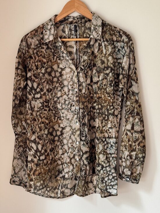 Soyaconcepts Tops - Soyaconcept Animal Print Blouse Sheer Button Up Neutral Snake Print Top